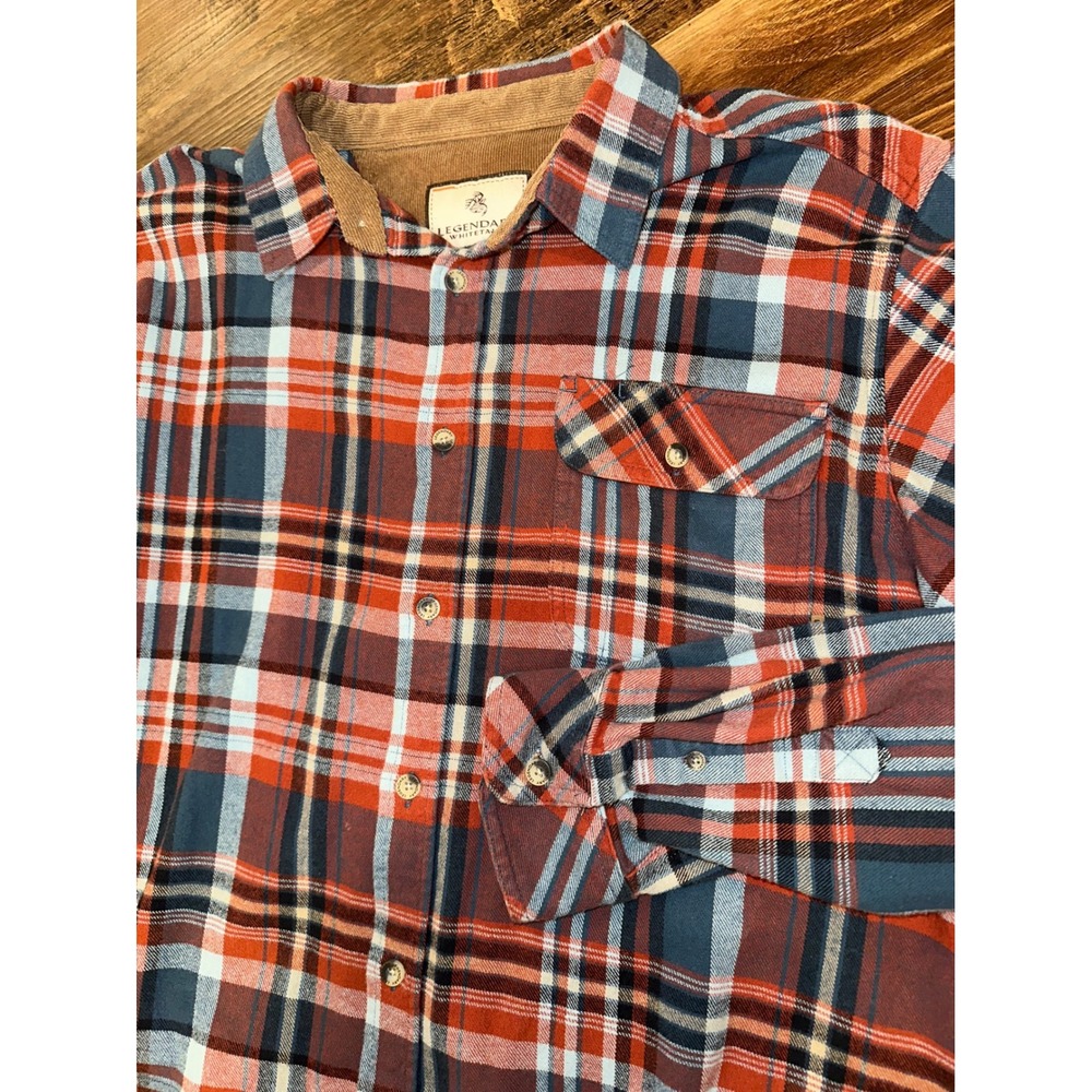 Legendary Whitetails Mens Red Blue Plaid Flannel Shirt Corduroy Collar Large